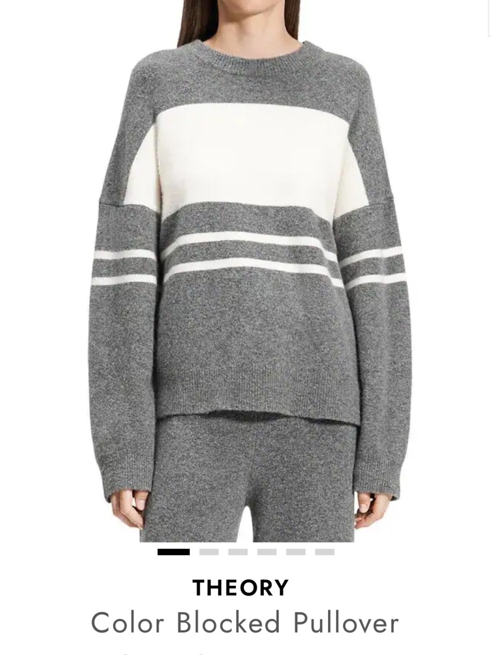 Theory Gray and White Striped Colorblock Crewneck Sweater